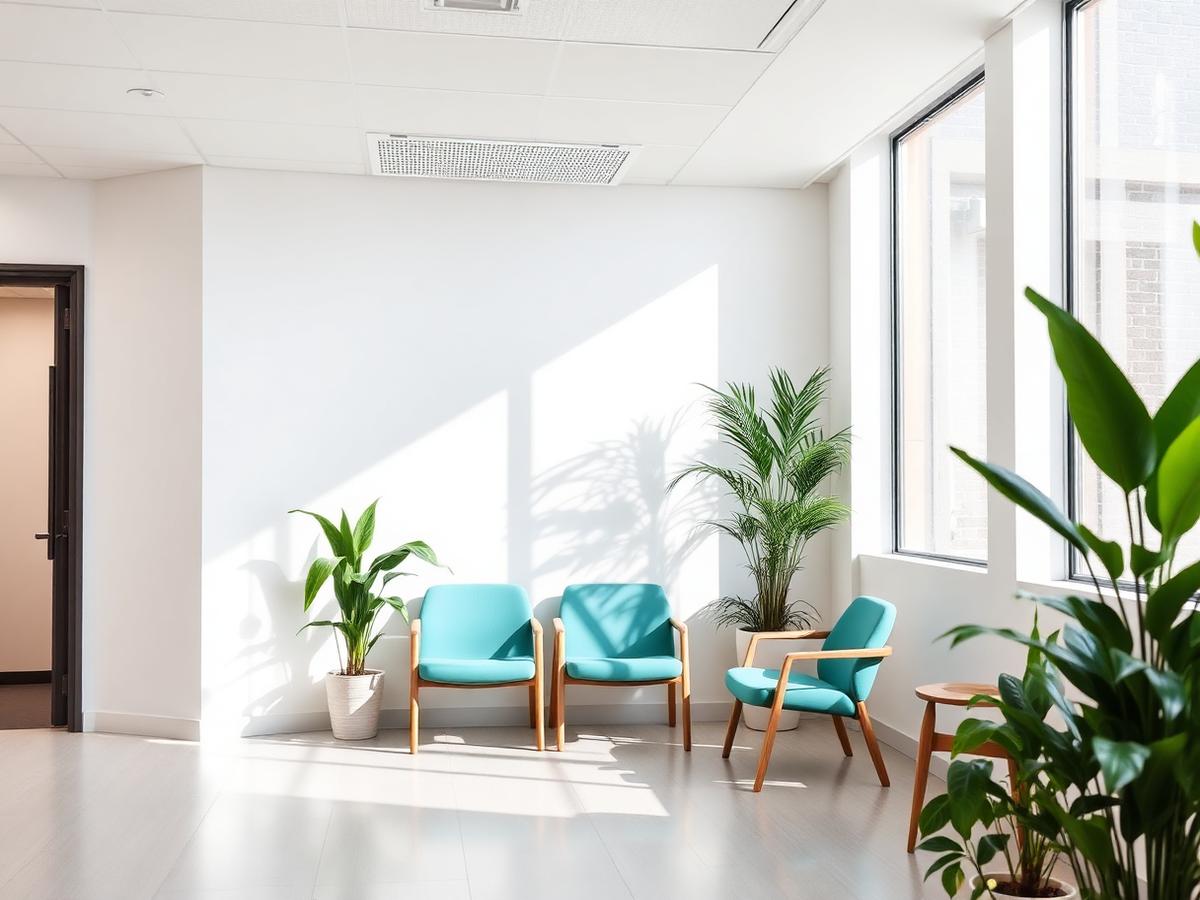 Salle d'attente claire et moderne du centre de prélèvement